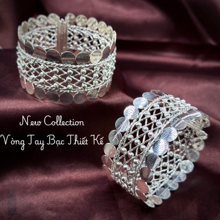 vòng tay bạc VONG03 bản rộng lưới đan hạt tròn