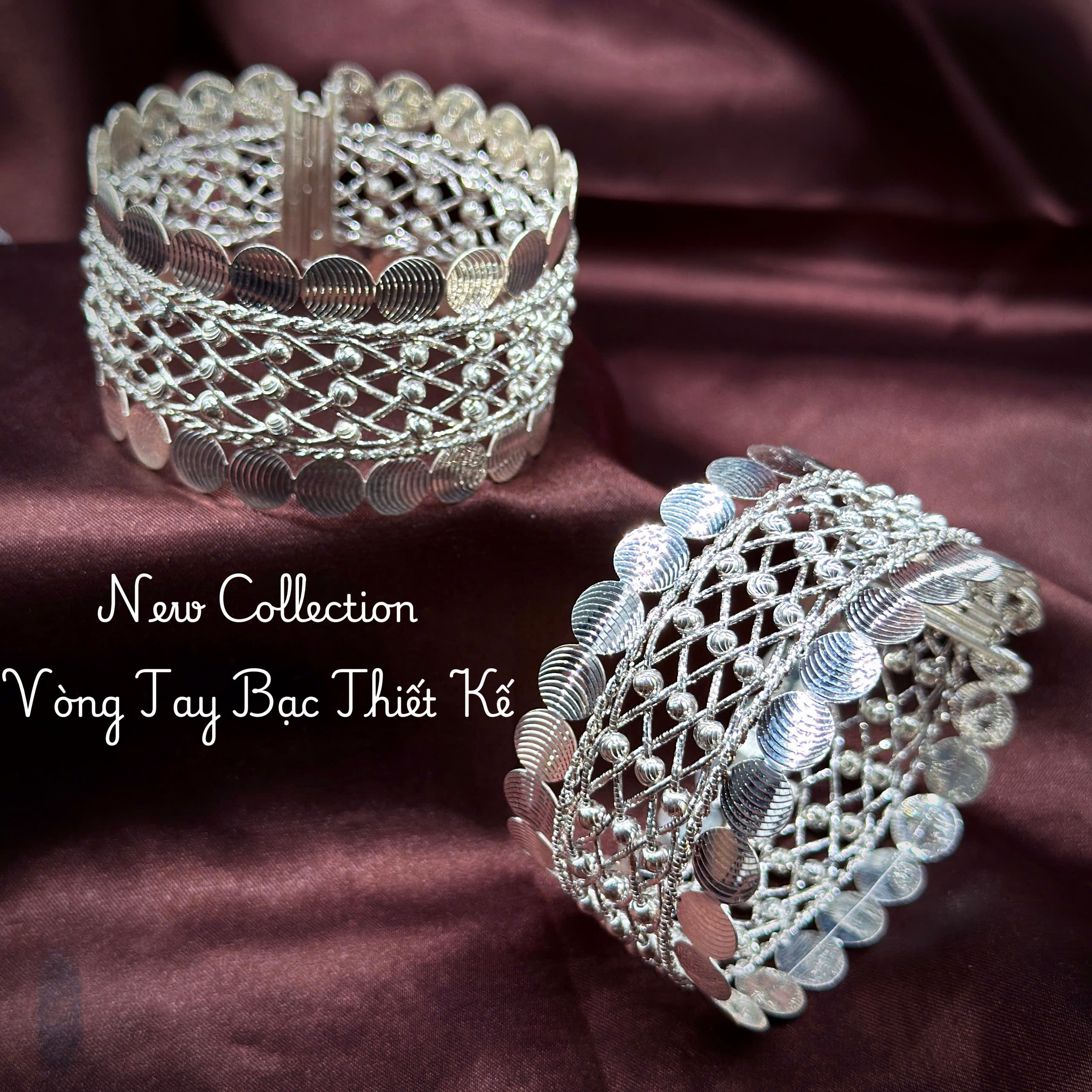 vòng tay bạc VONG03 bản rộng lưới đan hạt tròn