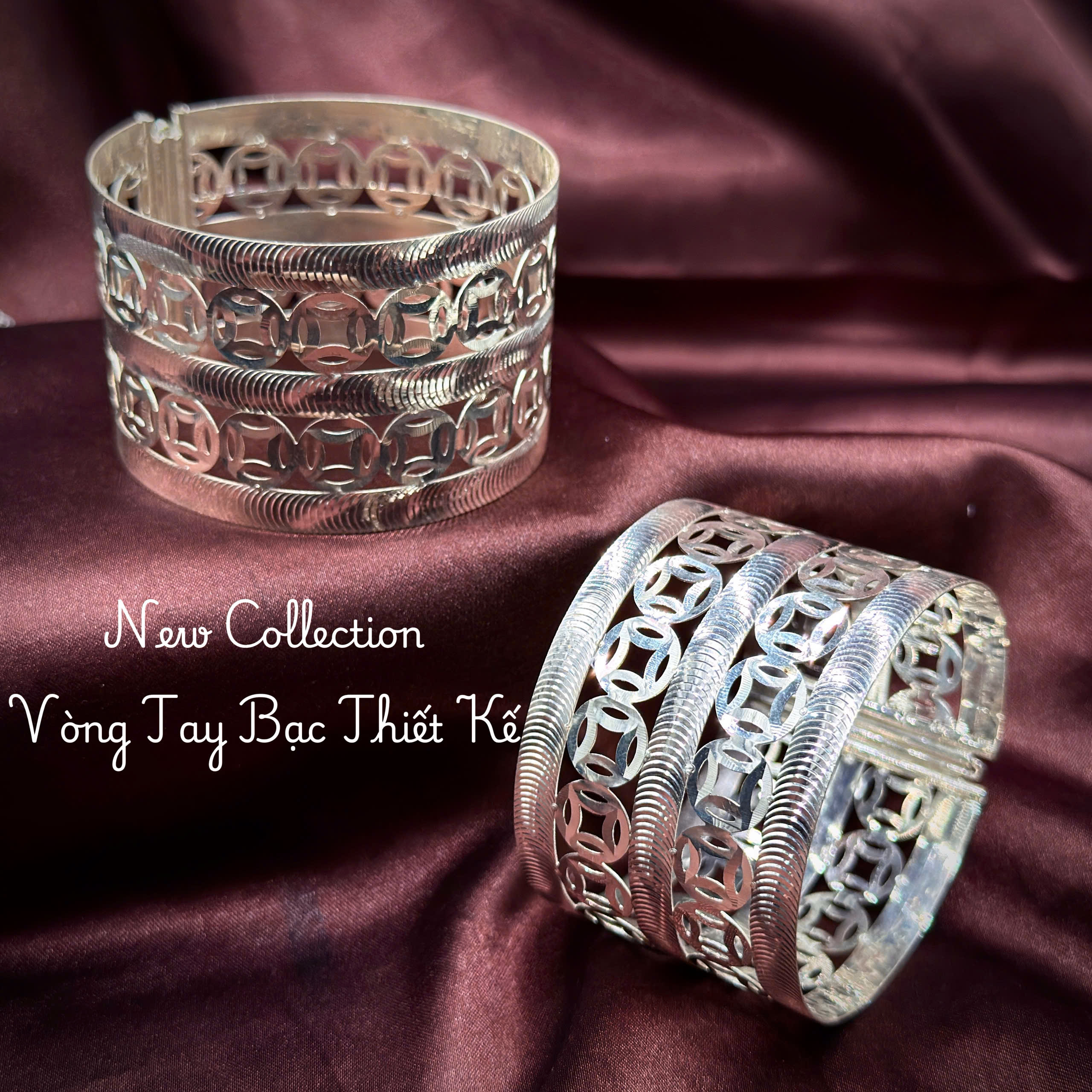 vòng tay bạc VONG48 bản rộng 3 dải khắc vân hình học